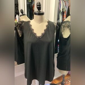 Black Lace Trim V-Neck Tank Top, Size Large